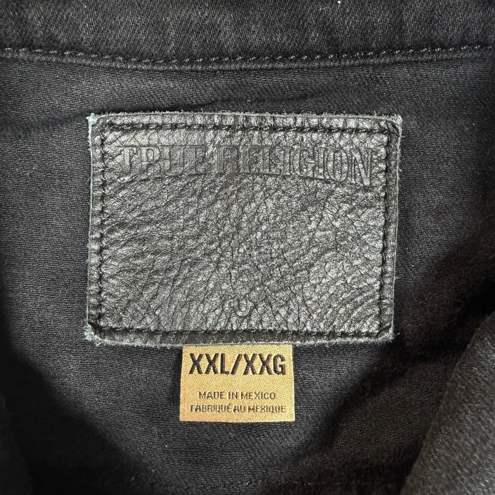 True Religion‎ Mens Black Denim Trucker Jacket XXL Horseshoe Stitching Y2K Moto